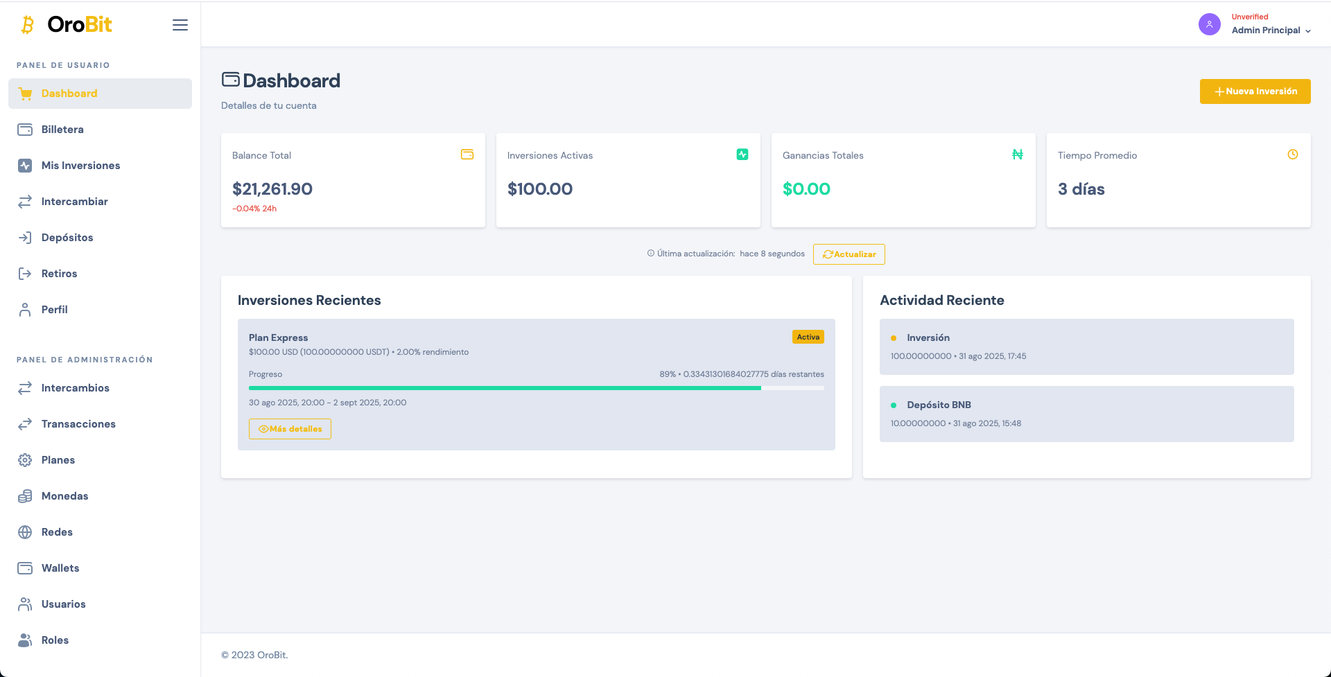 Dashboard principal OroBit